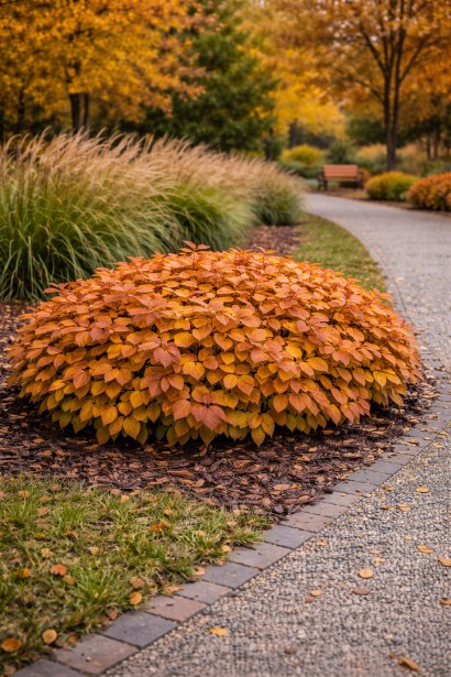 Спірея Вайт Голд осіннє забарвлення парку